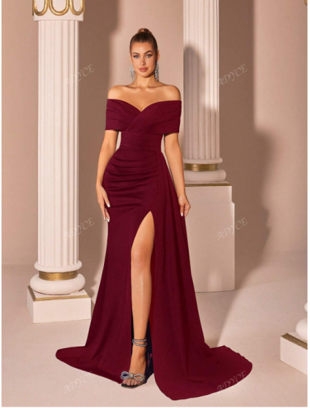 ADYCE فستان رسمي طويل بفتحة على الظهر وياقة على شكل حرف V وخصر مرتفع من الشيفون، مناسب للحفلات والسهرات